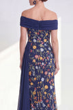 Off the Shoulder Floral Embroidered Blue Maxi Mother of the Bride Dress