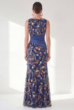 Navy Floral Embroidered Mermaid Ruched Mother of the Bride Dress