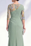 Mermaid Ruched Embroidered Blue Maxi Mother of the Bride Dress