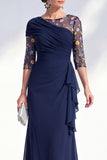 Mermaid Ruched Embroidered Blue Maxi Mother of the Bride Dress