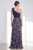 One Shoulder Navy 3D Flower Sequin Maxi Mother of the Bride Dress