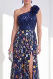 One Shoulder Navy 3D Flower Sequin Maxi Mother of the Bride Dress