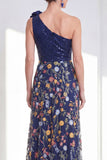 One Shoulder Navy 3D Flower Sequin Maxi Mother of the Bride Dress