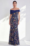 Off the Shoulder Ruched Embroidered Blue A Line Mother of the Bride Dress