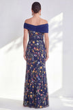 Off the Shoulder Ruched Embroidered Blue A Line Mother of the Bride Dress