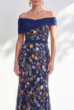 Off the Shoulder Ruched Embroidered Blue A Line Mother of the Bride Dress