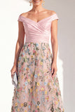 Off the Shoulder Ruched Floral Blush A Line Mother of the Bride Dress