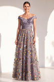 Off the Shoulder Ruched Floral Blush A Line Mother of the Bride Dress