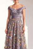 Off the Shoulder Ruched Floral Blush A Line Mother of the Bride Dress