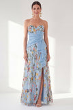 Strapless Blue Floral A Line Ruffled Maxi Mother of the Bride Dress