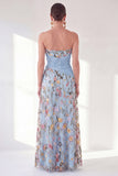 Strapless Blue Floral A Line Ruffled Maxi Mother of the Bride Dress