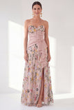 Strapless Blue Floral A Line Ruffled Maxi Mother of the Bride Dress
