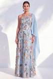 One Shoulder Blue Floral A Line Maxi Mother of the Bride Dress