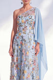 One Shoulder Blue Floral A Line Maxi Mother of the Bride Dress