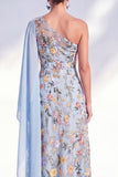 One Shoulder Blue Floral A Line Maxi Mother of the Bride Dress