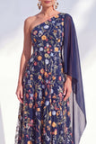 One Shoulder Blue Floral A Line Maxi Mother of the Bride Dress