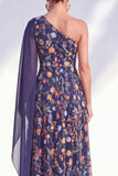 One Shoulder Blue Floral A Line Maxi Mother of the Bride Dress