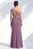 Mermaid Grey Purple One Shoulder Floral Ruffled Mother of the Bride Dress