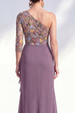 Mermaid Grey Purple One Shoulder Floral Ruffled Mother of the Bride Dress