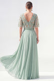 Green Half Sleeve A Line Maxi Mother of the Bride Dress