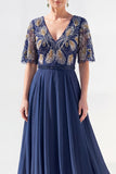 Green Half Sleeve A Line Maxi Mother of the Bride Dress