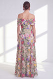 Off the Shoulder High Low Floral A Line Light Khaki Mother of the Bride Dress