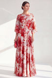Blue Printed A Line Maxi Mother of the Bride Dress with 3/4 Sleeves