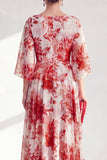 Blue Printed A Line Maxi Mother of the Bride Dress with 3/4 Sleeves