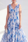 Blue Printed A Line V Neck Mother of the Bride Dress