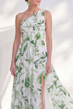 Green One Shoulder Printed Ruched A Line Mother of the Bride Dress