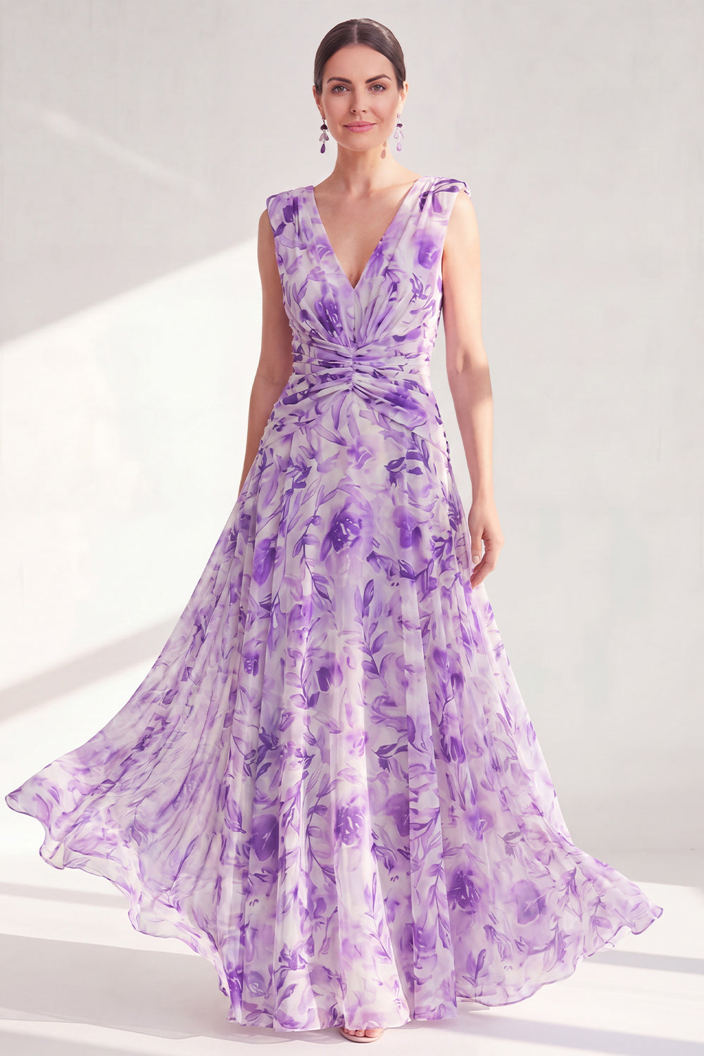 Berylove Women Purple Mother of the Bride Dress Printed Ruched A Line Maxi Wedding Guest Dress, Purple / custom