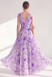 Printed Purple Ruched A Line Maxi Mother of the Bride Dress