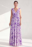 Printed Purple Ruched A Line Maxi Mother of the Bride Dress