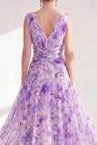 Printed Purple Ruched A Line Maxi Mother of the Bride Dress