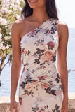 One Shoulder Floral Ivory Mermaid Wedding Guest Dress with Sash