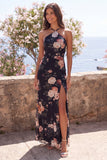 Halter Floral Mermaid Black Wedding Guest Dress with Slit