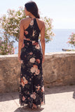 Halter Floral Mermaid Black Wedding Guest Dress with Slit