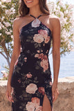 Halter Floral Mermaid Black Wedding Guest Dress with Slit