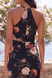 Halter Floral Mermaid Black Wedding Guest Dress with Slit