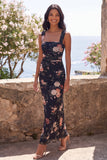 Square Neck Black Floral Wedding Guest Dress