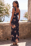 Square Neck Black Floral Wedding Guest Dress