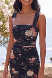 Square Neck Black Floral Wedding Guest Dress