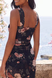 Square Neck Black Floral Wedding Guest Dress