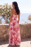 Halter Floral Pink A Line Wedding Guest Dress with Slit