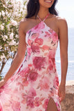 Halter Floral Pink A Line Wedding Guest Dress with Slit