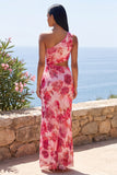 One Shoulder Cut Out Floral Pink Wedding Guest Dress