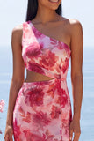 One Shoulder Cut Out Floral Pink Wedding Guest Dress