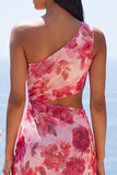 One Shoulder Cut Out Floral Pink Wedding Guest Dress