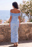 Off the Shoulder Blue Appliqued Wedding Guest Dress