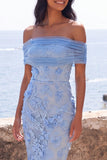 Off the Shoulder Blue Appliqued Wedding Guest Dress